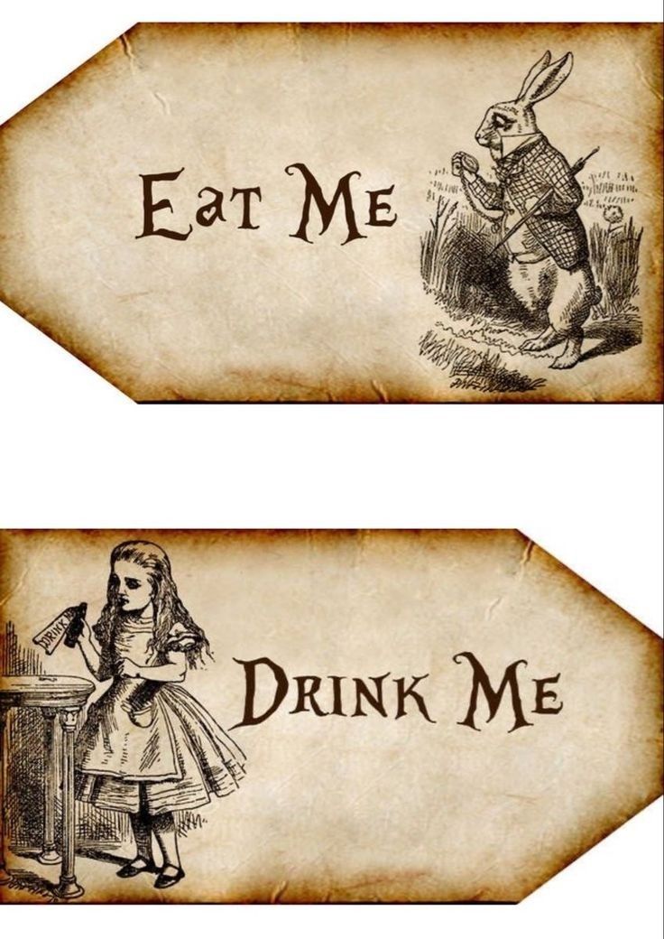 two tags with the words eat me, drink me and alice in wonderland on them