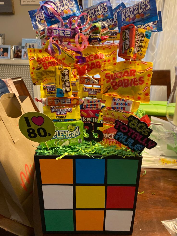 a box filled with candy sitting on top of a table