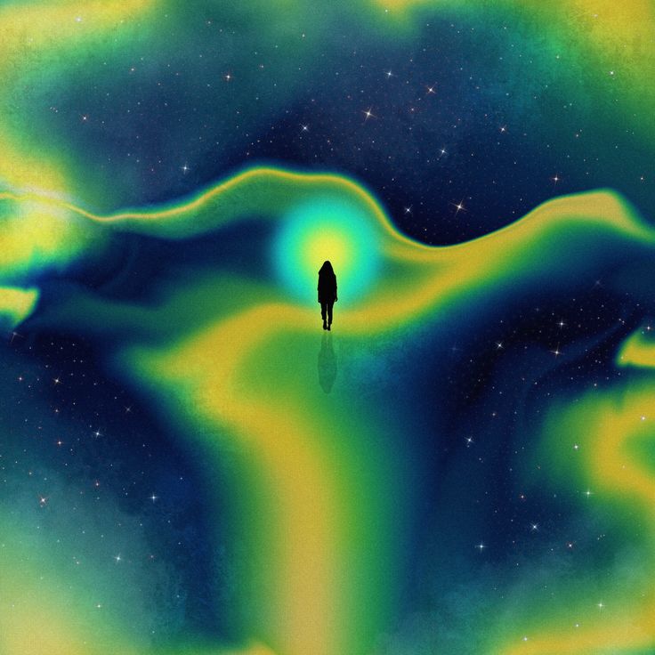 a person standing in the middle of an ocean with green and blue swirls on it