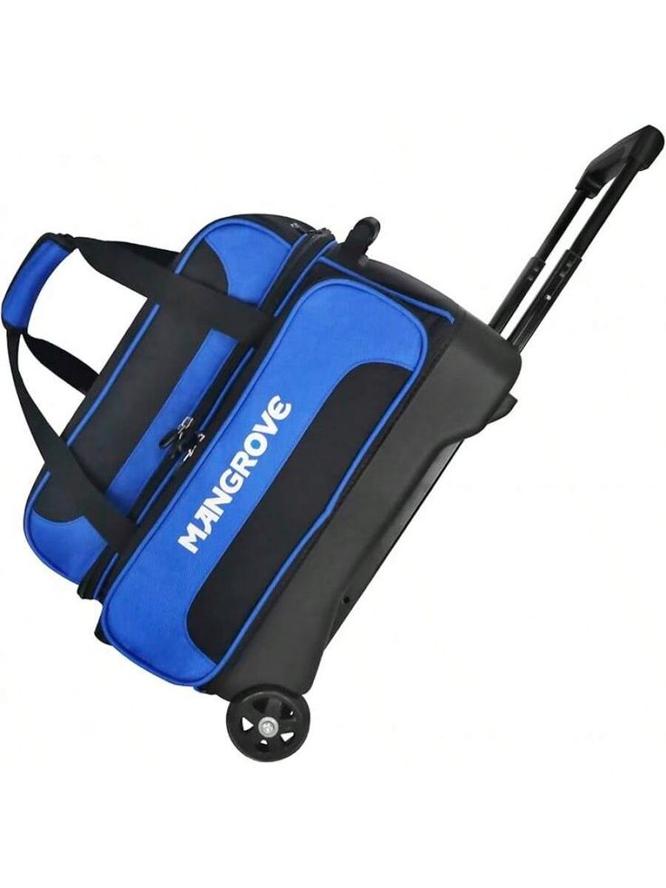 a blue and black rolling bag with the word mantovic on it's side