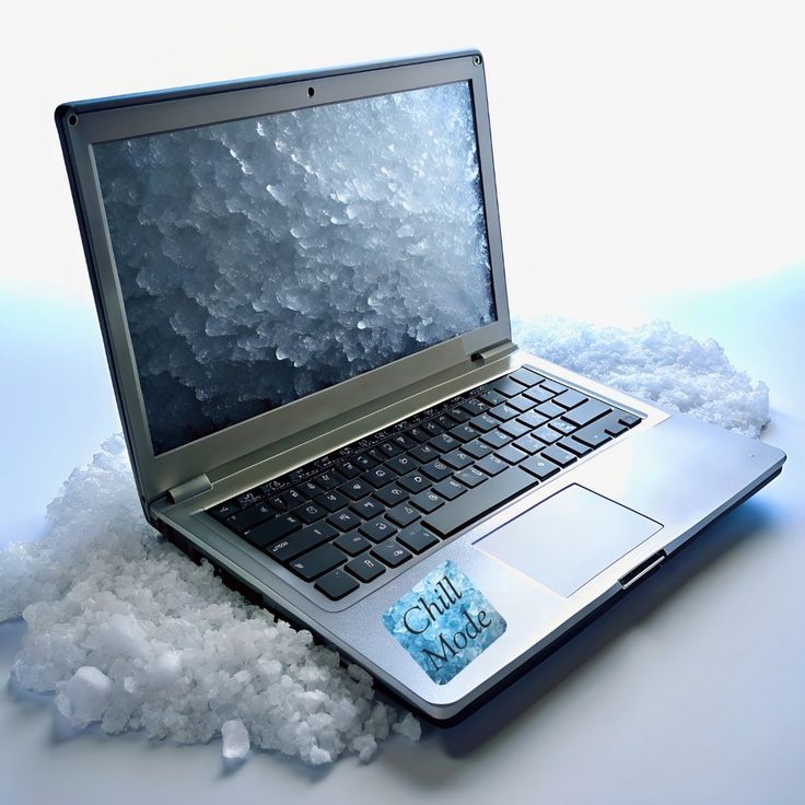 an open laptop computer sitting on top of ice