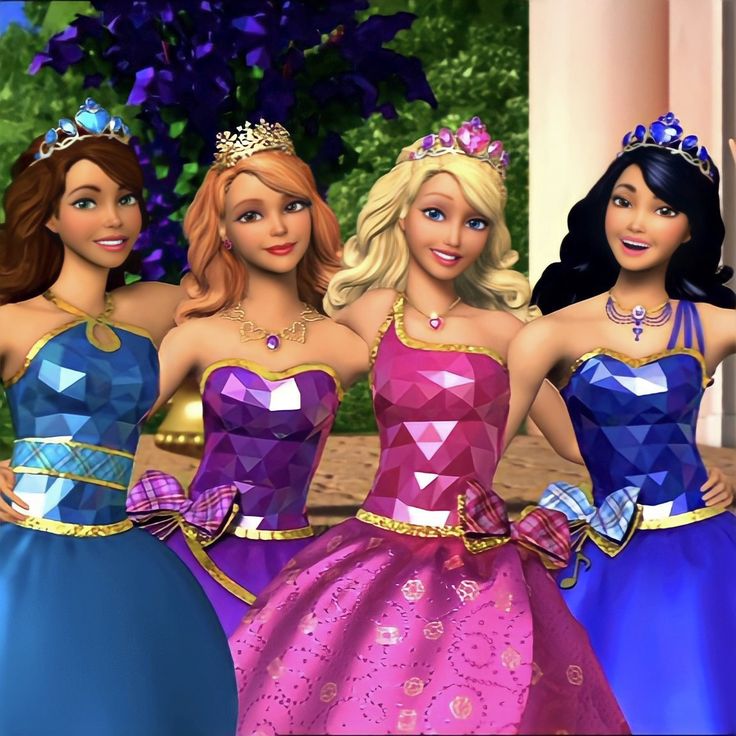 three barbie dolls are standing next to each other in dresses and tiaras, one is waving