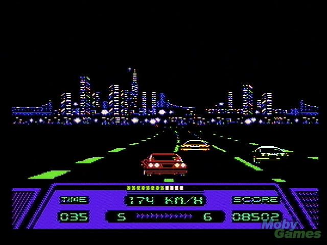 an old - school video game with cars driving on the road in front of a city at night