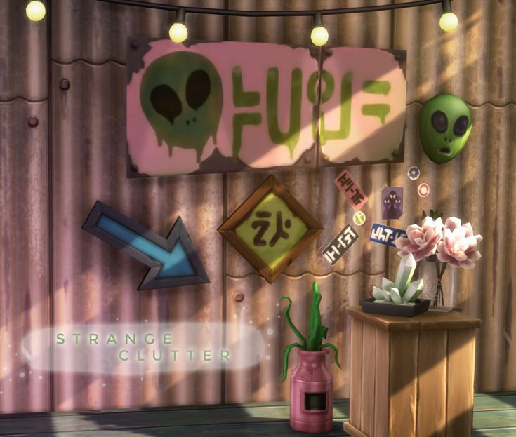 an image of a room with strange items on the wall and plants in vases