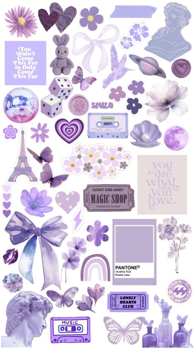 an assortment of purple and white stickers