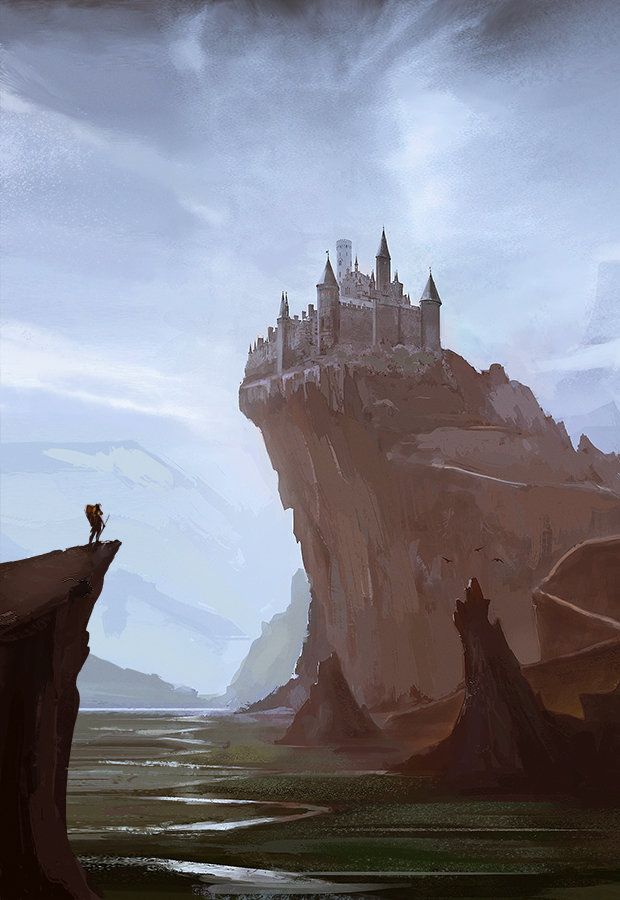 a man standing on the edge of a cliff looking at a castle in the distance