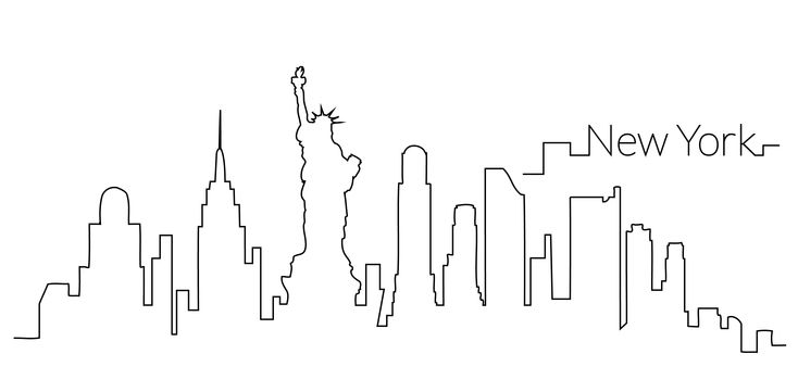 new york skyline with the statue of liberty in black and white, drawn by hand