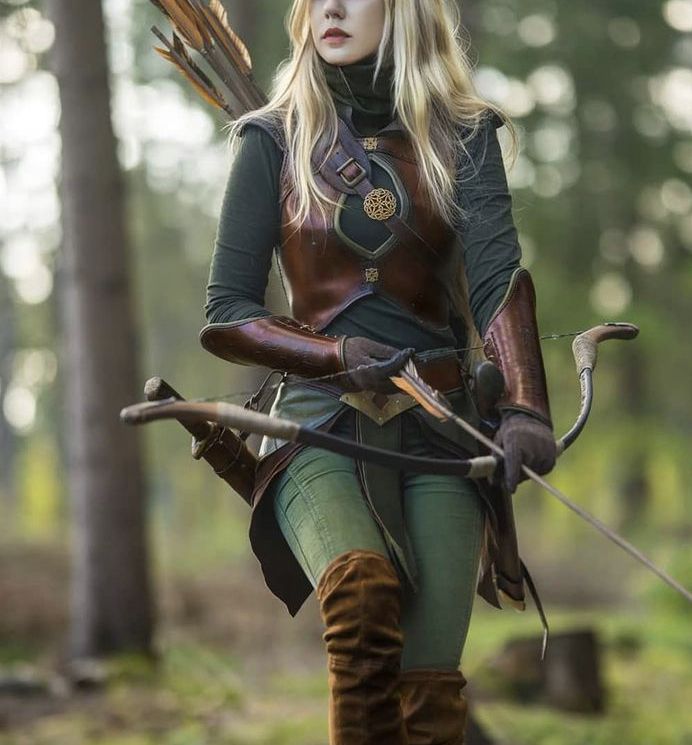 a woman dressed in green and brown holding an arrow with two arrows on her shoulder