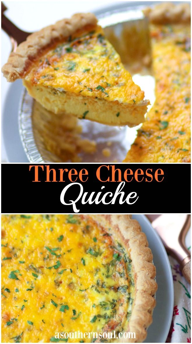 three different types of quiche pies with text overlay that reads, three cheese quiche