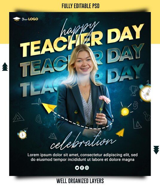 a flyer for a teacher day celebration with an image of a woman holding a rose