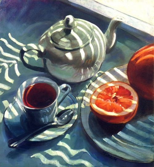 a painting of a tea pot and some fruit on a plate with a spoon next to it