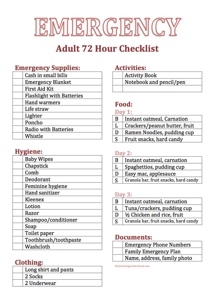 72 Hour Kits, do you have yours? Follow the simple checklist and menu plan to put together everything you need for your Adult 72 Hour Kit today! #prepkit Emergency Checklist, Emergency Preparedness Checklist, 72 Hour Emergency Kit, Family Emergency Binder, Emergency Preparedness Food, Emergency Binder, Emergency Prepardness, 72 Hour Kits, Emergency Survival Kit