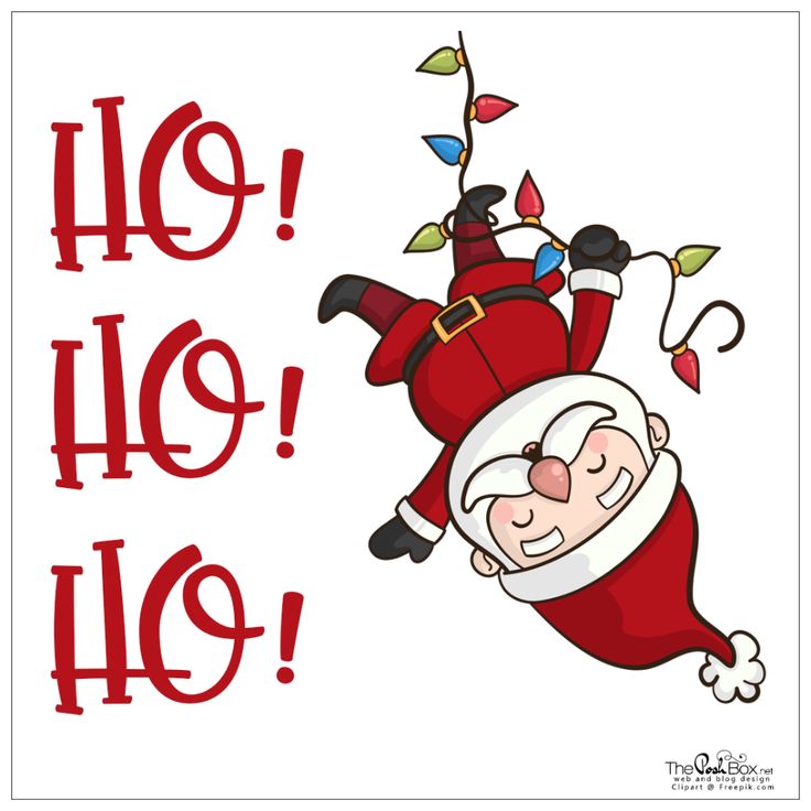 a cartoon santa claus hanging upside down with the words happy holidays written below him in red and white