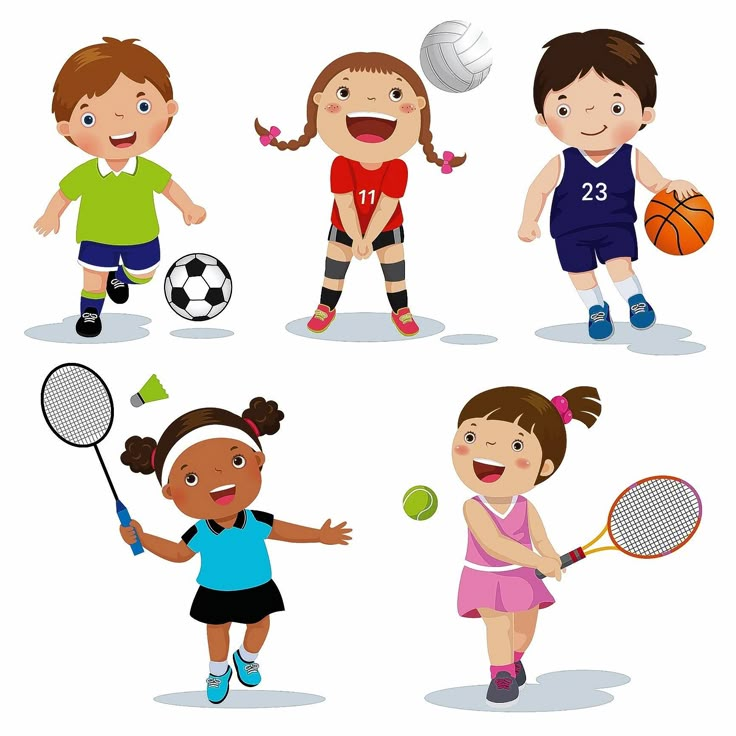 four children are playing with tennis, basketball, and volleyball balls on a white background