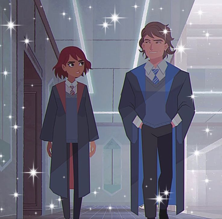 two people standing next to each other in a hallway with stars on the ceiling and floor