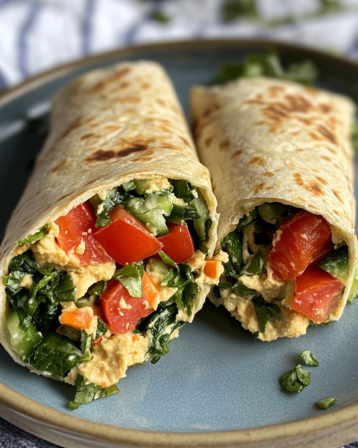 there is a burrito on the plate with tomatoes and lettuce in it