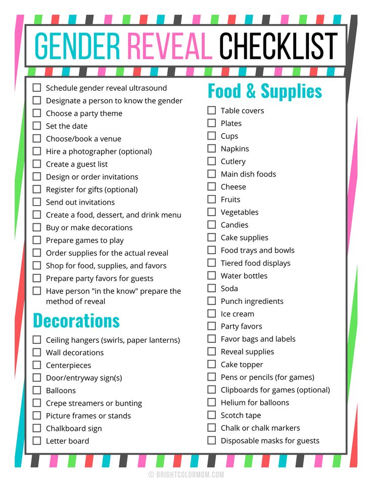 gender reveal checklist with long list of items for planning the party, including steps for planning the vent, decorations to get, and other food and supplies needed Gender Reveal Checklist, Foto Gender Reveal, Gender Reveal Ultrasound, Checklist Ideas, Gender Reveal Party Food, Gender Reveal Diy, Simple Gender Reveal, Creative Gender Reveals, Reveal Party Games