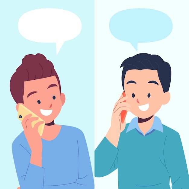 a man and woman talking on cell phones with speech bubbles above them