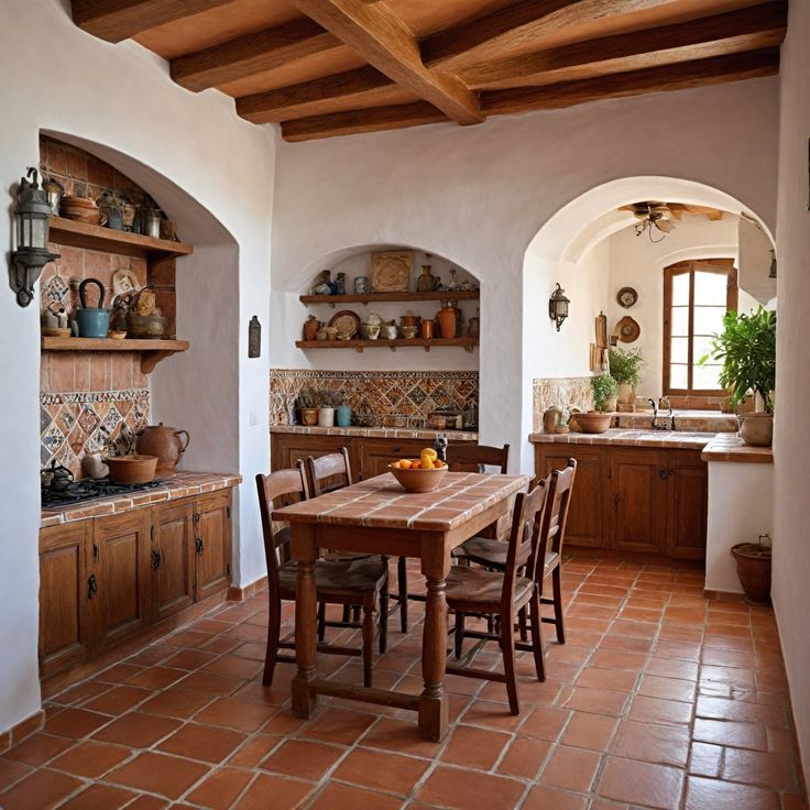 a dining room table and chairs in a kitchen with an archway leading to the outside