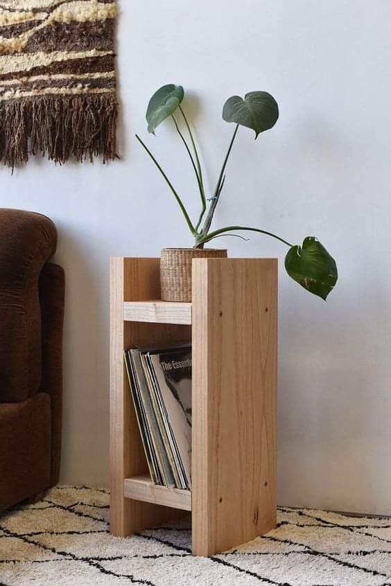 a plant in a wooden shelf next to a brown chair