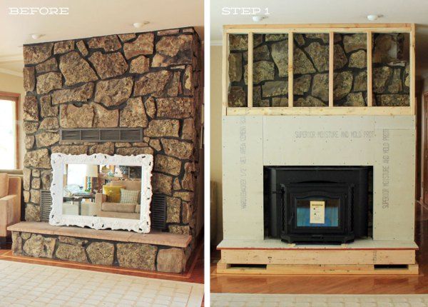 before and after pictures of a stone fireplace