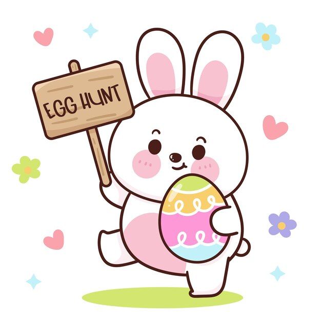 a cartoon bunny holding an easter egg with a sign that says egg hunt on it