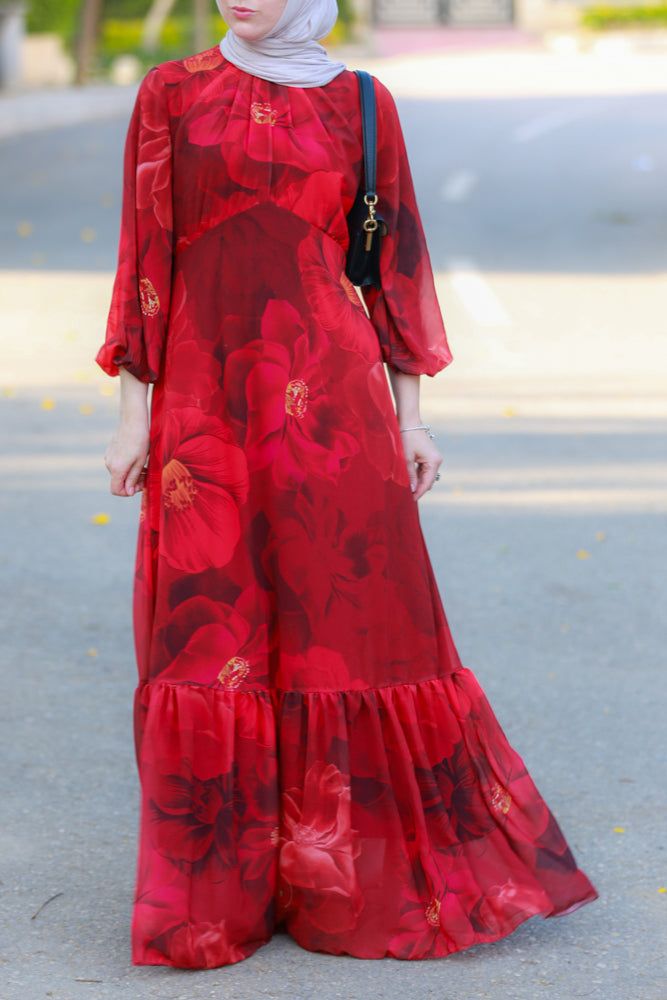 Tasneem empire waist chiffon bold flower print dress in red fully line with elasticated cuff sleeves - ANNAH HARIRI Modest Activewear, Full Coverage Swimsuit, Flower Print Dress, Abaya Dress, Refined Style, Chiffon Fabric, Active Wear Tops, Cuff Sleeves, Empire Waist