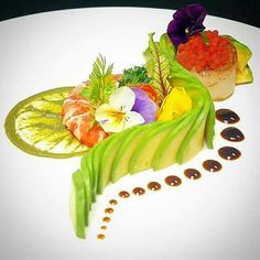 a white plate topped with different types of fruits and veggies on top of it