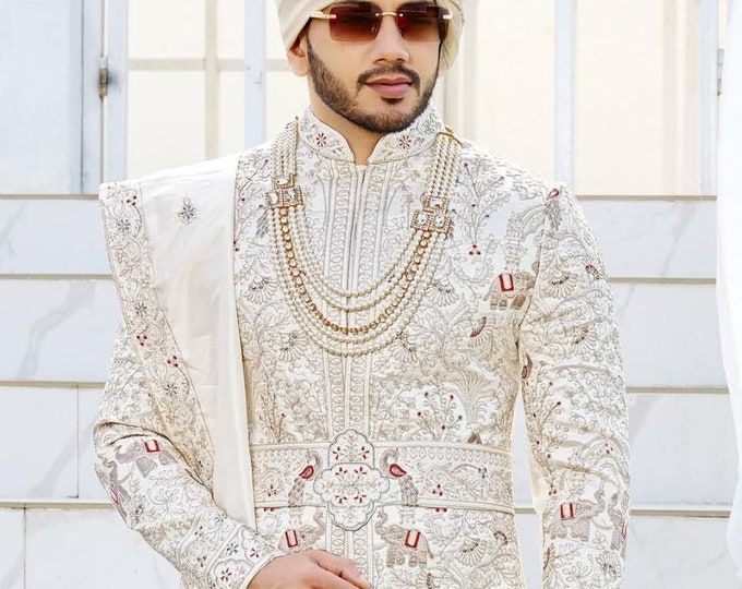 Buy Embroidered Georgette Sherwani Online in India - Etsy Sherwani Groom Wedding, Unique Mens Wedding Suits, Ivory Sherwani, Indian Groom Dress, Indo Western Sherwani, Groom Sherwani, Sherwani For Men Wedding, Wedding Outfits For Groom, Wedding Dresses Men Indian