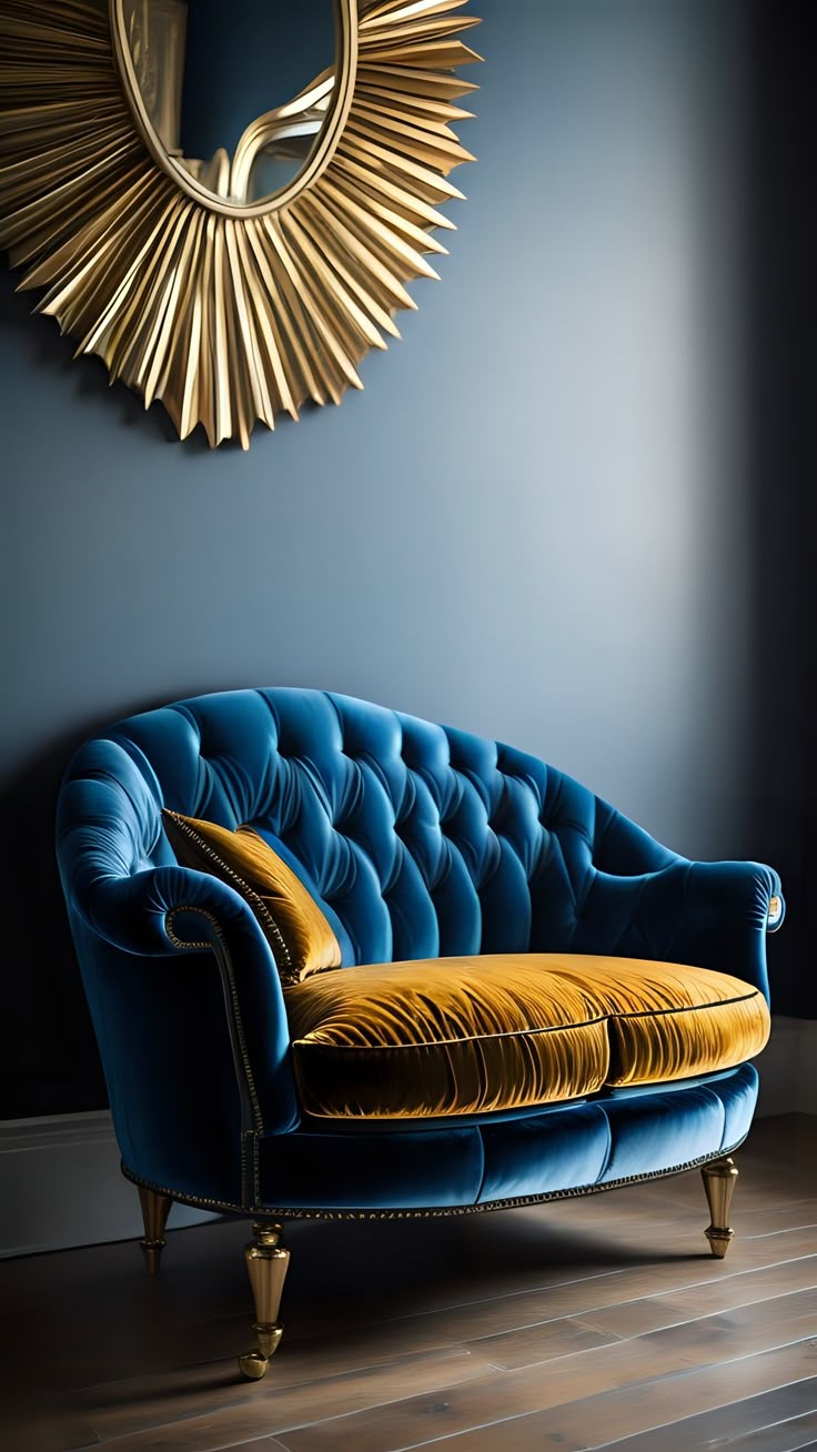 a blue couch sitting in front of a wall with a gold sun mirror on it