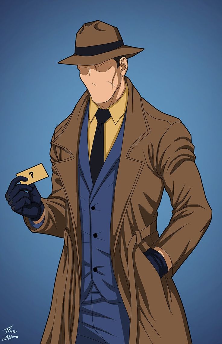 a drawing of a man in a suit and tie holding a credit card while wearing a hat