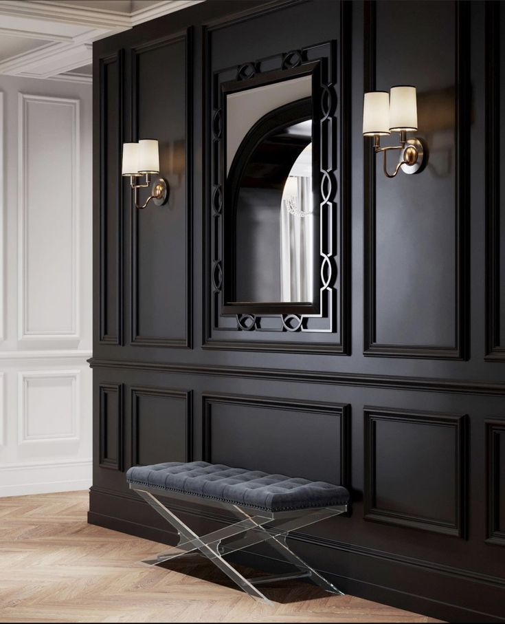 a black cabinet with a mirror and bench in it