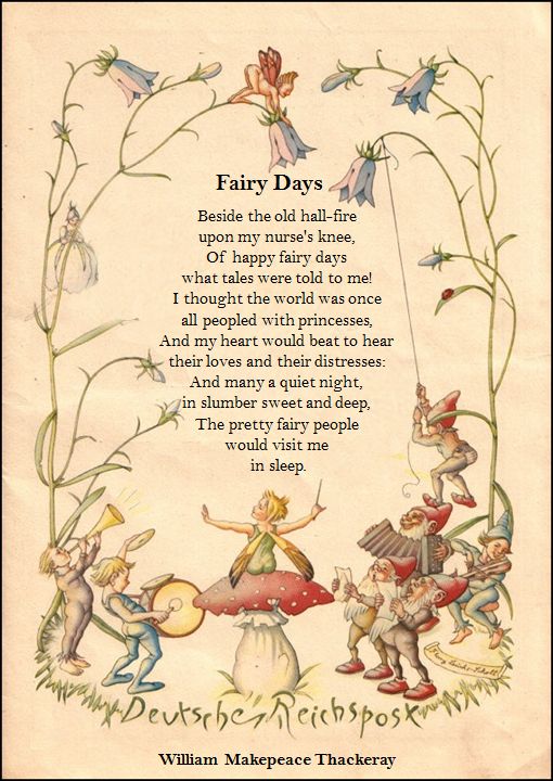 an old fashioned fairy poem with some little children playing around the plants and flowers on it