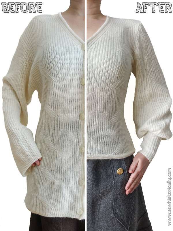 a woman's sweater before and after it has been made into a cardigan