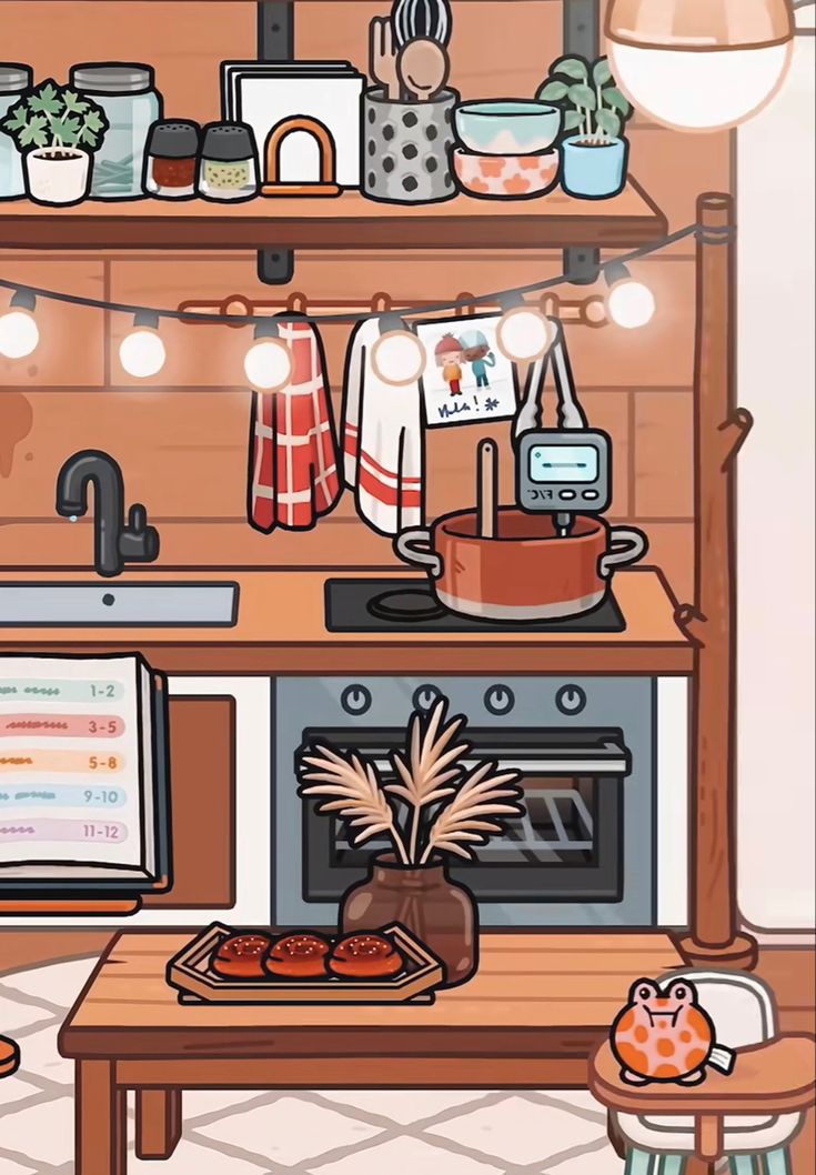 a kitchen scene with an oven, potted plant and other items on the shelves