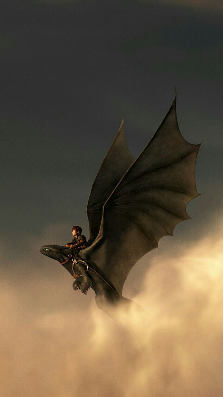 a man riding on the back of a black dragon flying through the air above clouds