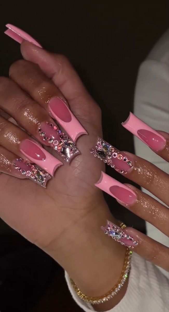 Pink N Black Nails, Black Nails Design, Nails With Gems, Acrylic Toes, Long Acrylic Nail Designs, Drip Nails, Colored Acrylic Nails, Glow Nails, Dope Nail Designs