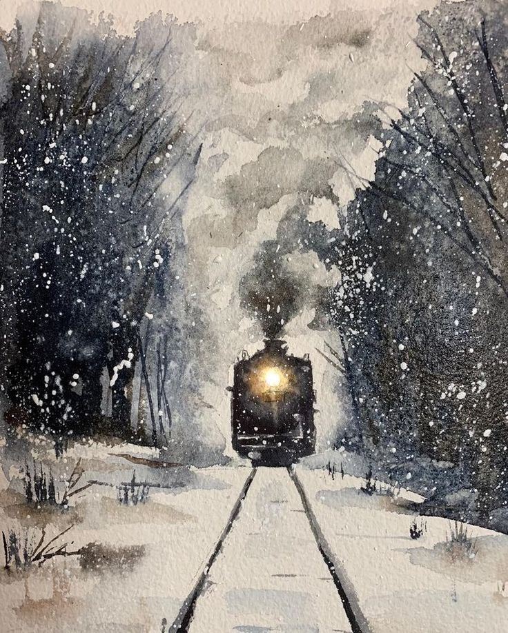 a watercolor painting of a train going down the tracks with snow on the ground