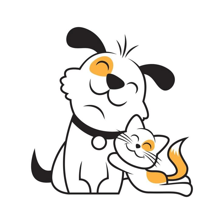 a cartoon dog hugging a cat with its paw on it's chest, in black and white