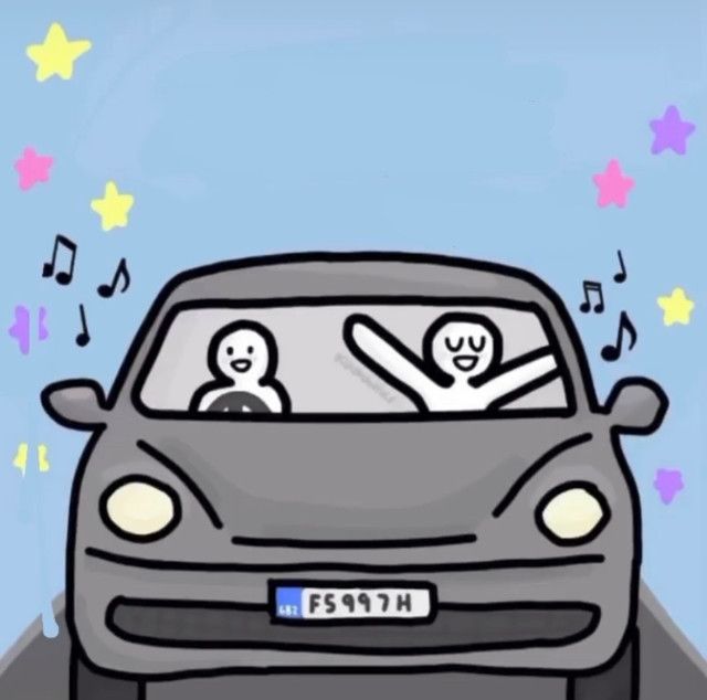 two people in a car with music notes coming out of their ears and the door is open