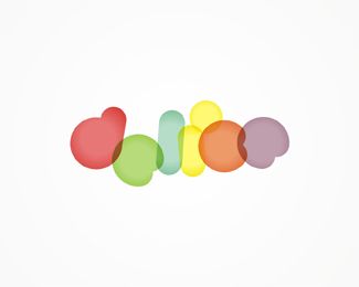 the word love is made up of different colored bubbles on a white background with an orange, pink, yellow and green color scheme