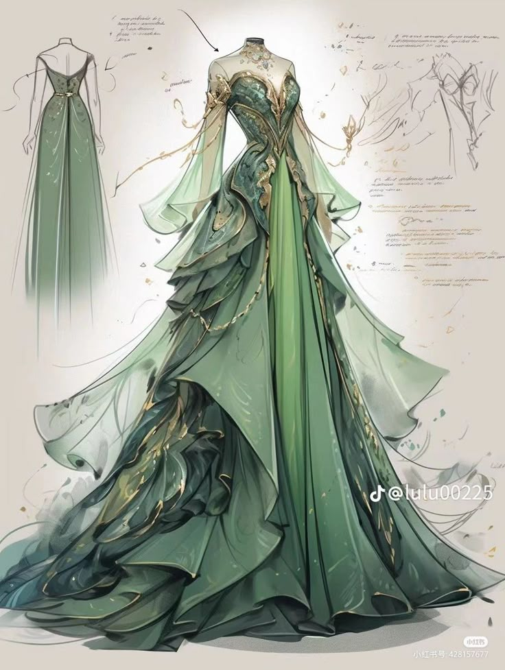 Fairy Core Gown, Fantasy Dress Drawing Queens, Green Fantasy Dress Drawing, Fairy Core Dresses, Silhouette Mode, Dress Reference, Fun Dresses, Fairycore Dresses, Fantasy Outfits