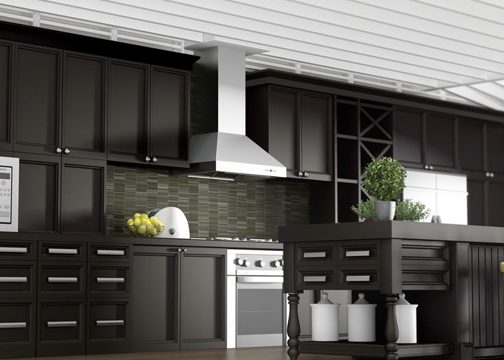 a kitchen with black cabinets and stainless steel stove top oven in the center, surrounded by potted plants