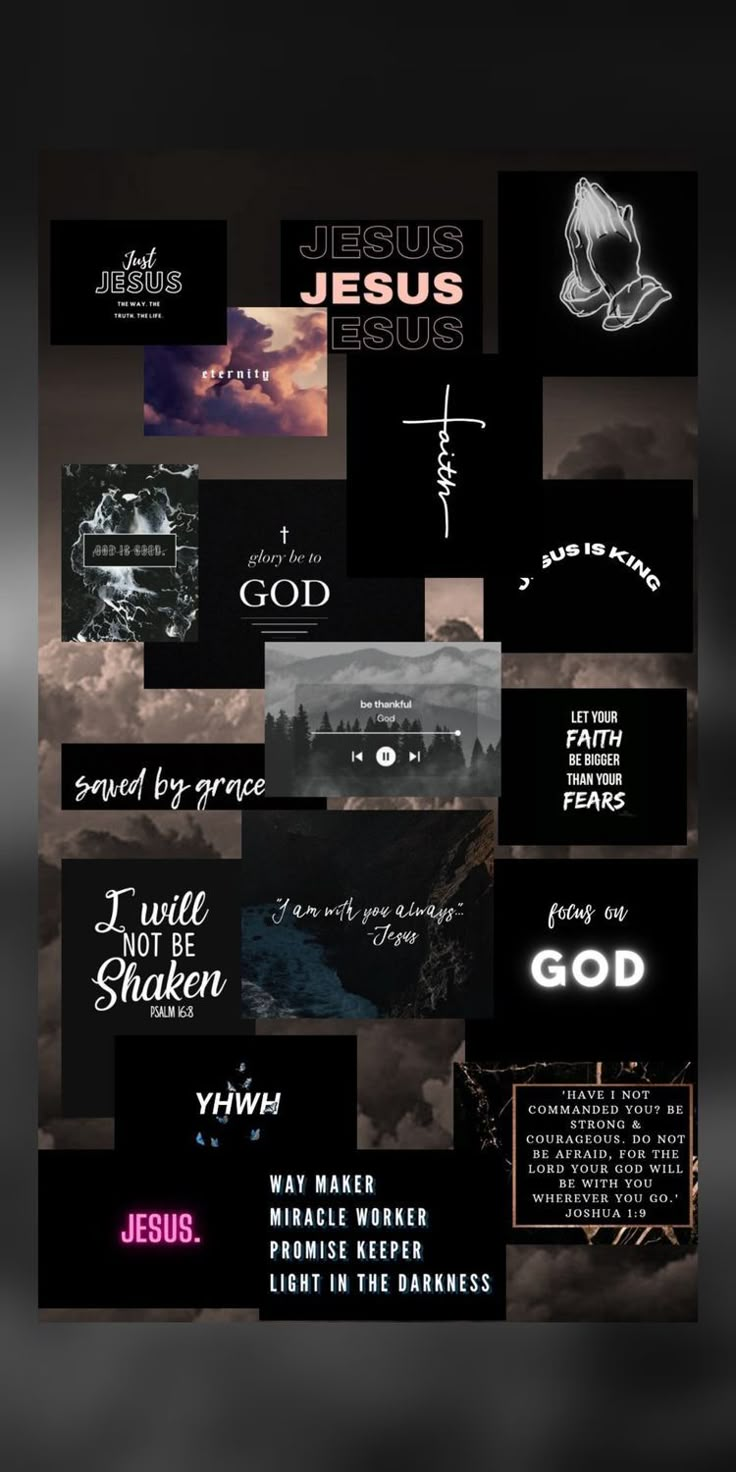 a collage of different types of text on a black background with the words jesus and other