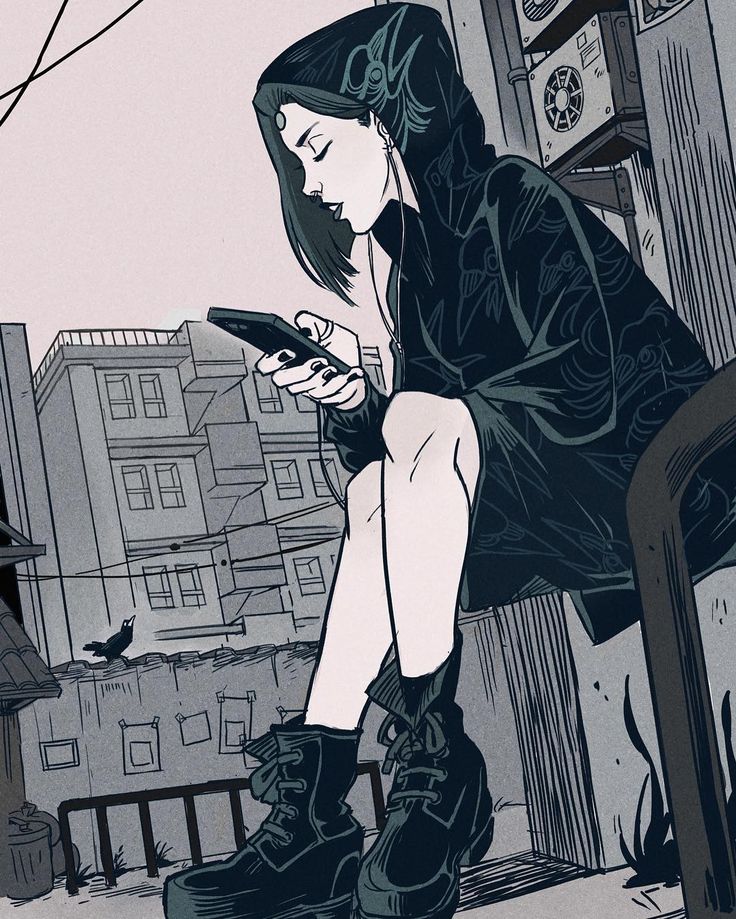 a drawing of a woman sitting on a bench looking at her cell phone while wearing black boots