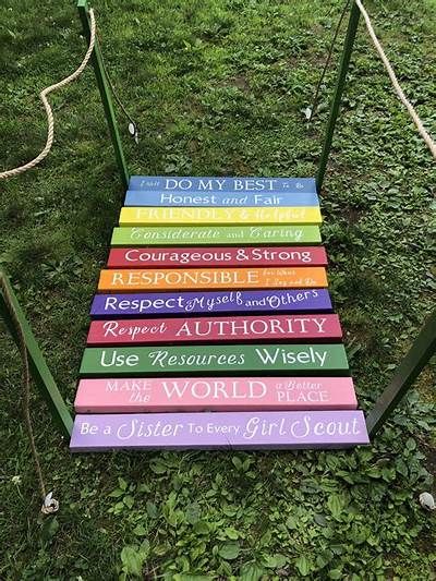 a set of seven colorful wooden signs sitting on top of a grass covered field next to a rope