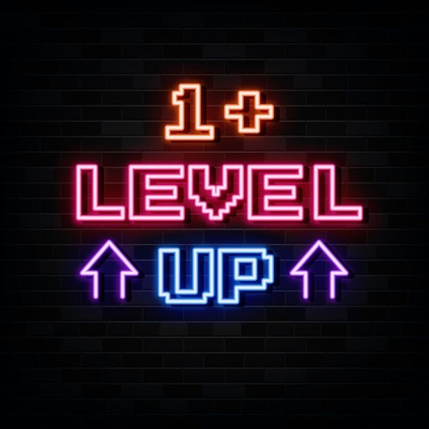 a neon sign that says level up with arrows pointing to the right and left side