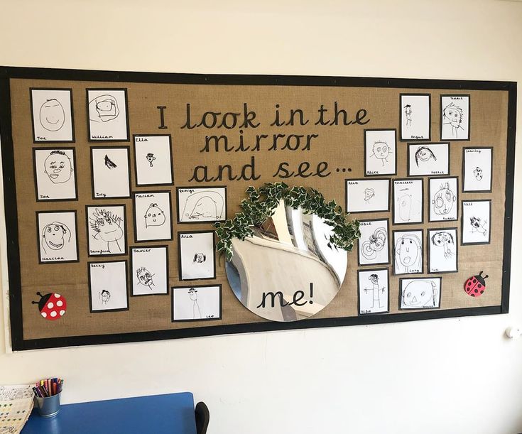 a bulletin board with pictures and words on it that says i look in the mirror and see me