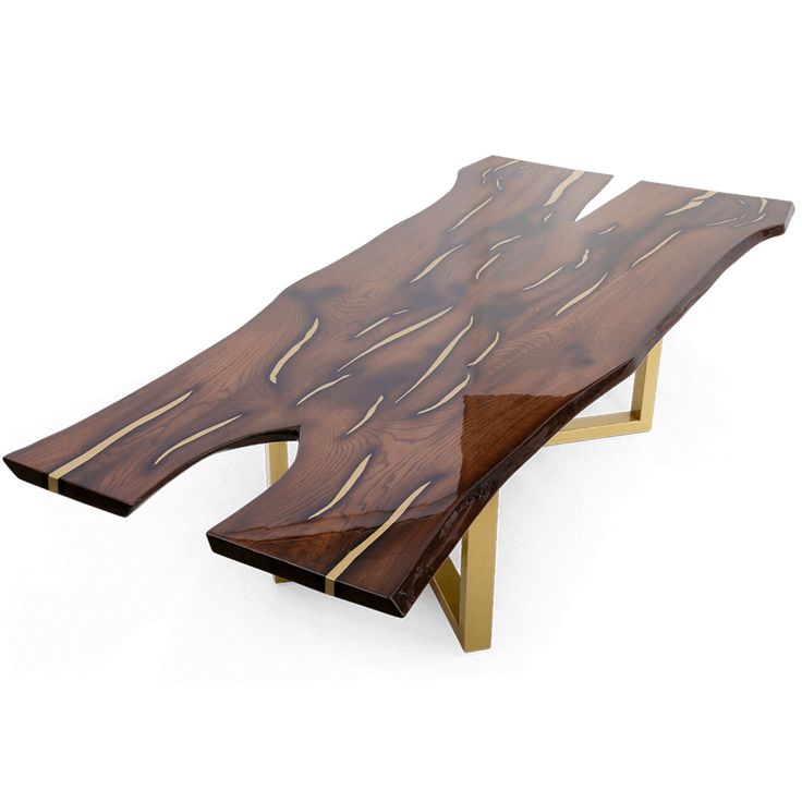 a wooden table with metal legs and a wood slab on the top that is shaped like an arrow