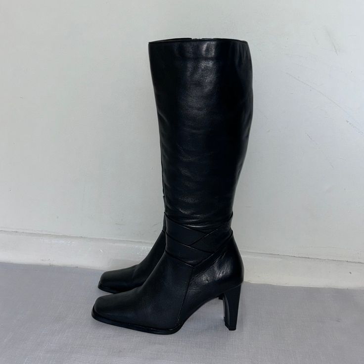 "Vintage knee high boots made from real leather with slim block heel and square toe.  Colour: Black  Style: Boots  Brand: George   Size: UK 3 (US 5 / EU 36)  Measurements: Calf - 13.5\" Full Length - 16.5\" Heel Height - 3\"  Disclaimer: We are not affiliated with any of the brands displayed on this platform. We are reselling / reworking authentic items that has been released into the open market for public purchase." Faux Leather Square Toe Fitted Boots, Wide Calf Mid-calf Boots For Formal Occasions, Fitted Leather Mid-calf Heeled Boots, Fitted Square Toe Knee-high Boots For Work, Leather Tall Mid-calf Boots For Winter, Leather Mid-calf Boots For Winter, Tall Leather Mid-calf Boots For Winter, Winter Leather Mid-calf Tall Boots, Fitted Leather Mid-calf Boots